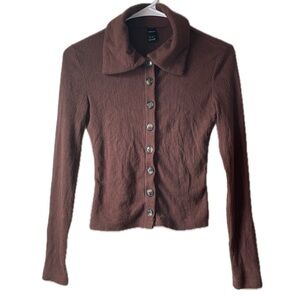 Brown Button-Up Ribbed Long Sleeve Top – Y2K Aesthetic